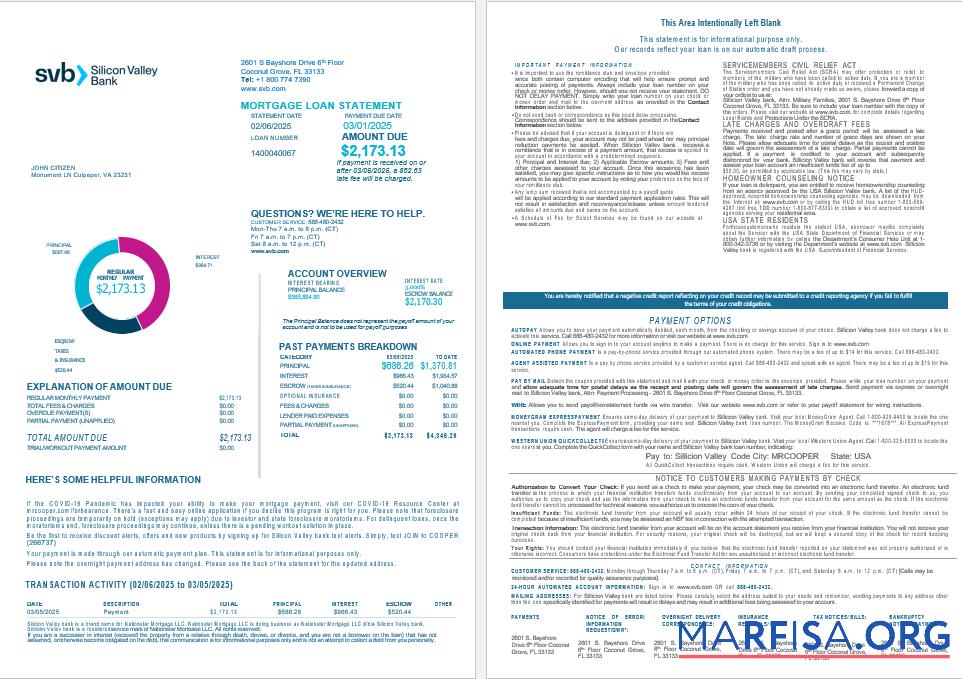 Realistic USA Florida Silicon Valley bank mortgage loan statement in Word and PDF formats , 4 pages 1 2 template